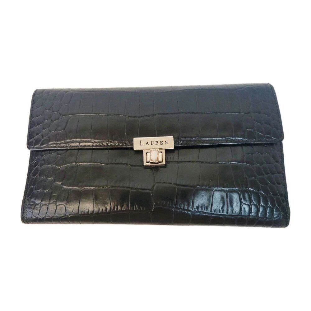 Vintage Lauren Ralph Lauren Black Croc Embossed Leather Checkbook Wallet - Picture 2 of 6